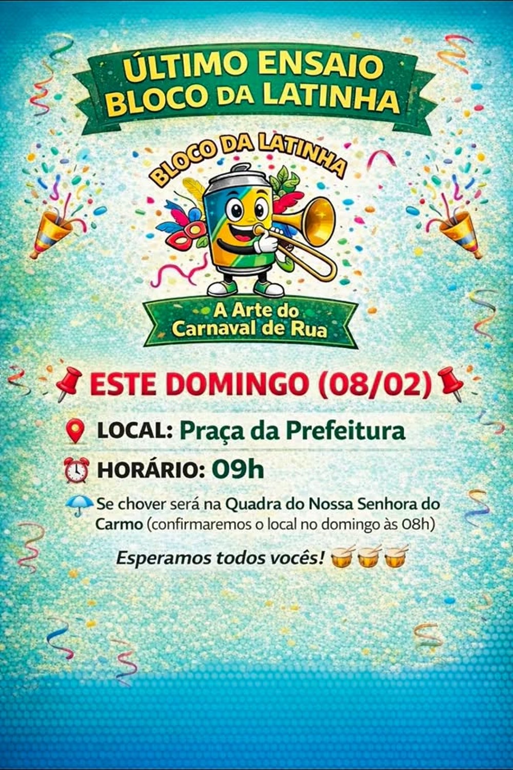 Arte de divulgação de ensaio do Bloco da Latinha